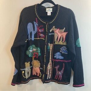 SUSAN BRISTOL Sz  L Vintage Noah’s Arc Animals Hand Embroidered Buttons Cardigan